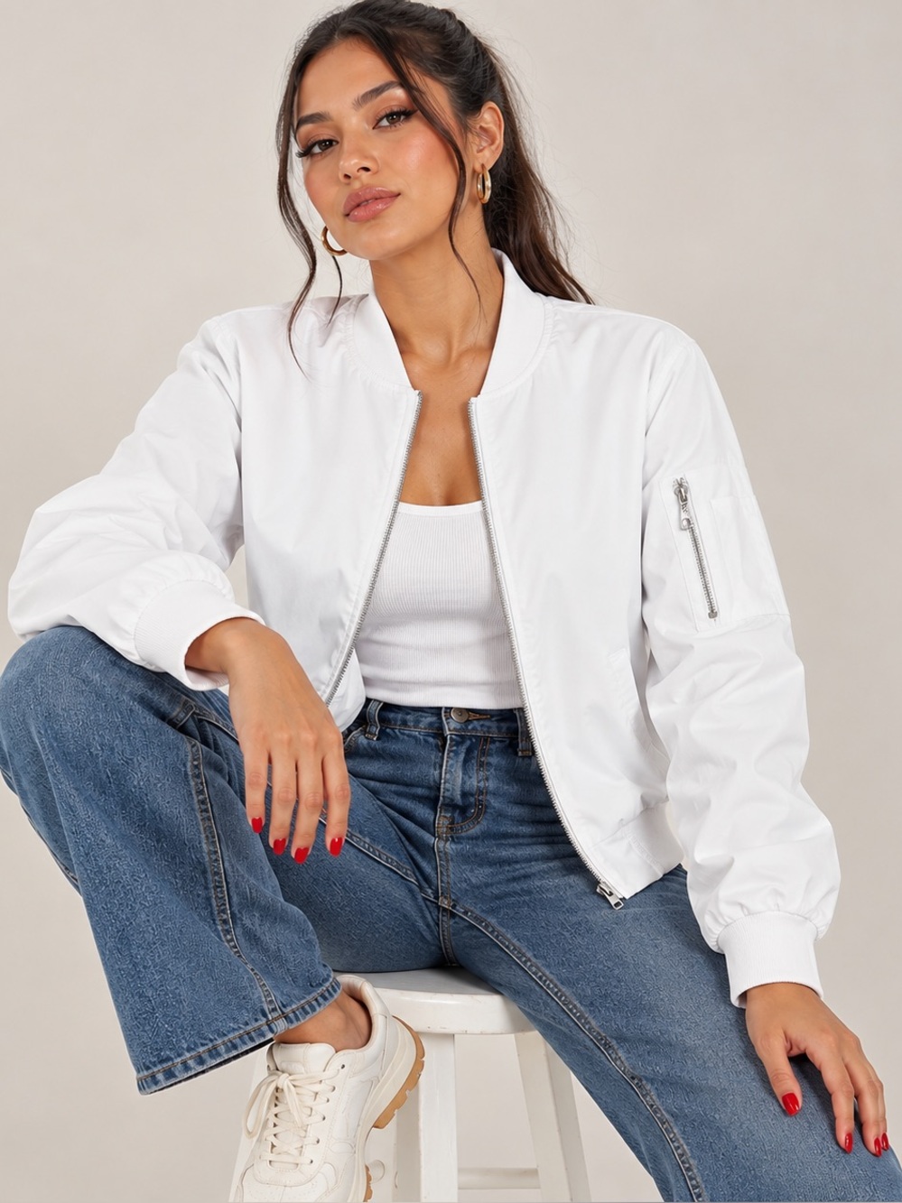 NWOT Tacvasen Women’s White Bomber Jacket Zip Front Utility Sleeve Pocket SizeXL